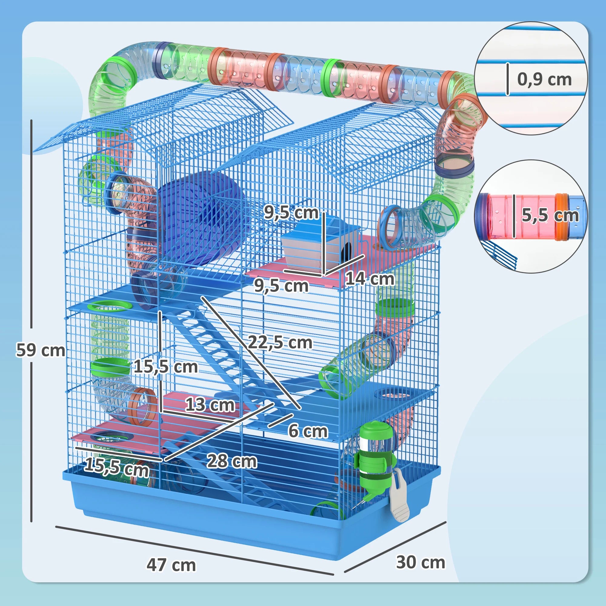 Cage bleue 5 niveaux équipée